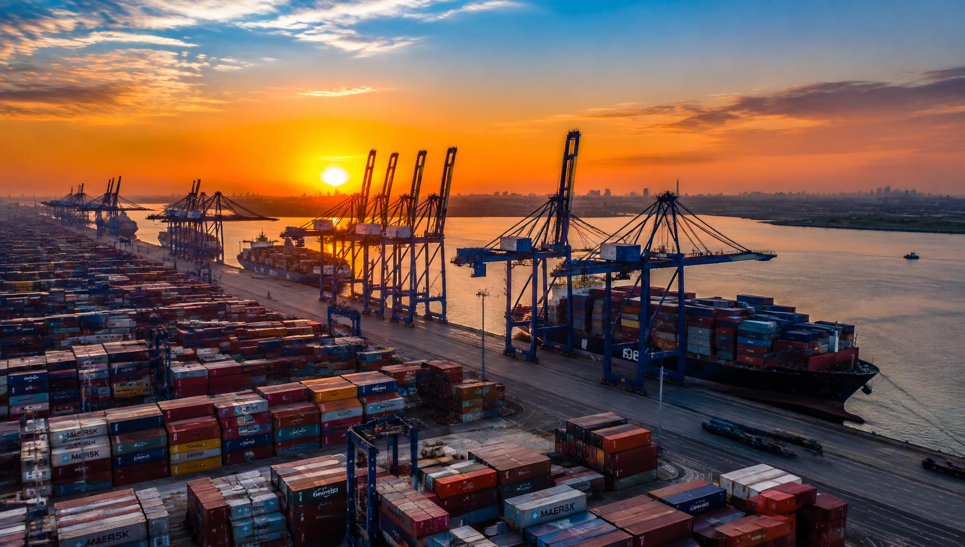 Container terminal at sunrise with gantry cranes